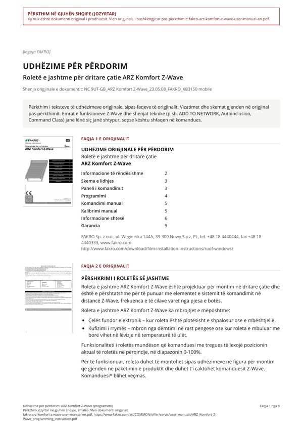 Udhëzime për përdorim: ARZ Komfort Z-Wave (programimi) (SQ)