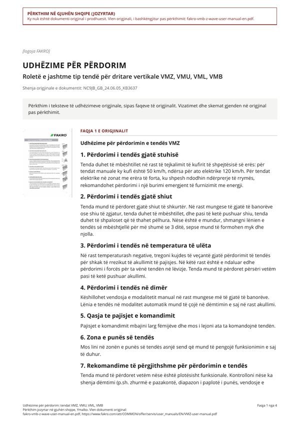 Udhëzime për përdorim: tendat VMZ, VMU, VML, VMB (SQ)